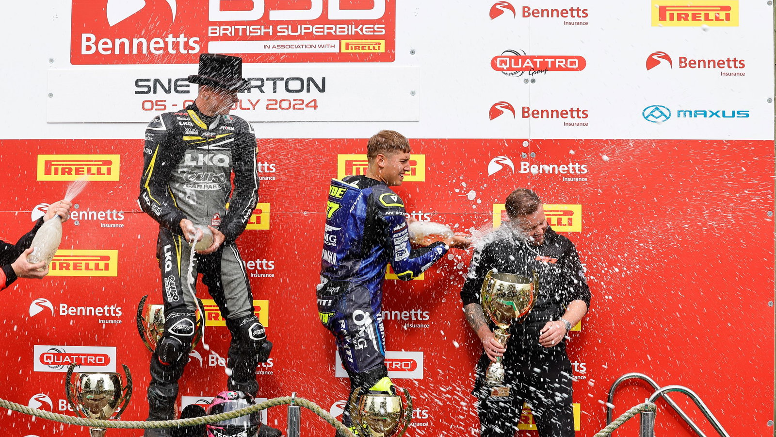 Kyle Ryde, Storm Stacey and Lewis Rollo, Race one podium, Snetterton, BSB, 2024, 6 July